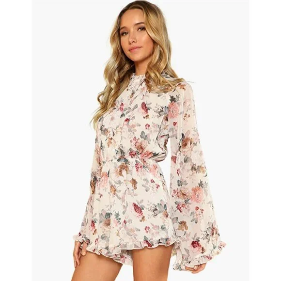 White Floral Print Chiffon Ruffle Long Flare Bell Sleeve Romper Playsuit Dress - Picture 2 of 8